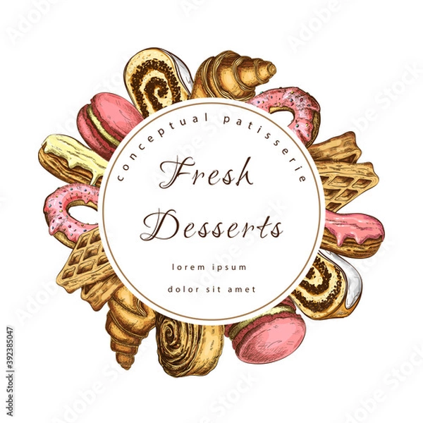 Obraz pastry, bakery round label or frame with sweet desserts. bakeryhouse logo template. Pastry shop emblem. Patisserie circle banner or signboard. icon of donuts, cakes, desserts, croissans, waffle.