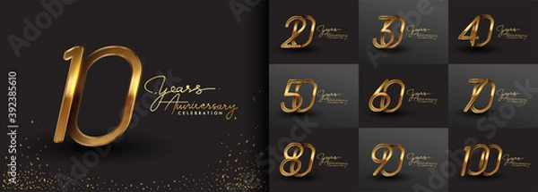 Fototapeta Set of anniversary logotype design with handwriting golden color for celebration event, wedding, greeting card, and invitation. Vector illustration.