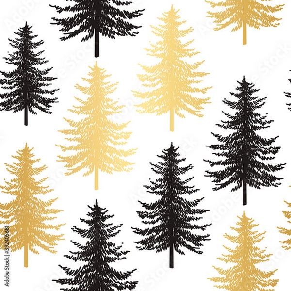 Fototapeta Christmas tree seamless pattern. Noel gold print, New year winter holiday decoration, golden christmas background with firs and white snow, wallpaper, wrapping paper design