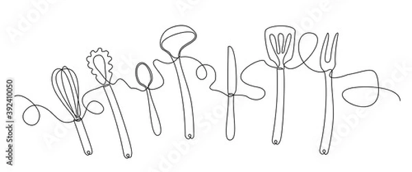 Fototapeta Cooking seamless pattern continuous line. Single line drawing of isolated kitchen utensils. Outline Cutlery Background. Vector illustration