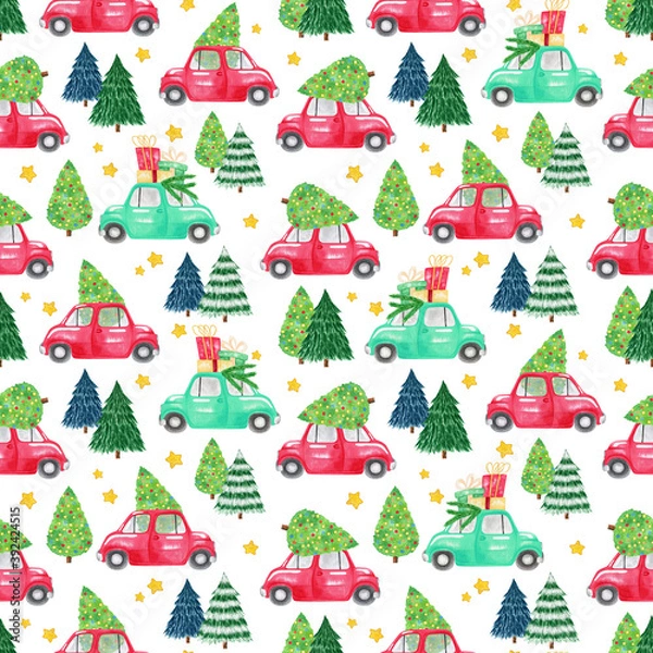 Fototapeta Watercolor Christmas red truck seamless pattern. New year background, Christmas tree, wrapping digital paper, textile pattern with Christmas red car.