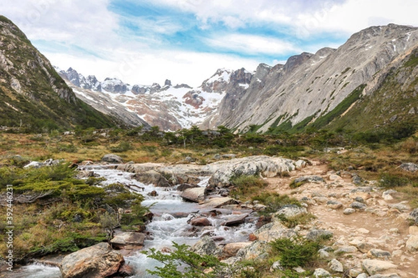 Fototapeta creek with snowy mountains in the background in the Argentine Patagonia