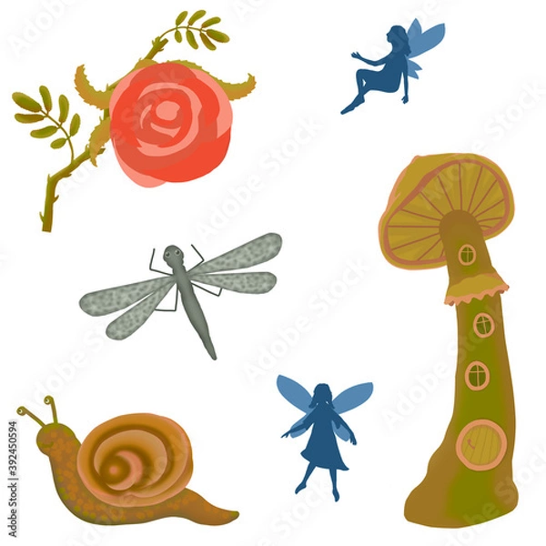 Fototapeta Woodland folk fairytale figures, dragonfly, snail, fairies, rose and mushroom house, digital drawing, isolated on a white background