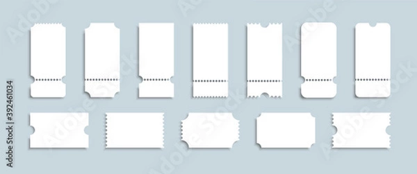 Obraz Blank tickets set. Realistic white mockup ticket for concert, boarding, lottery, movie and coupon.