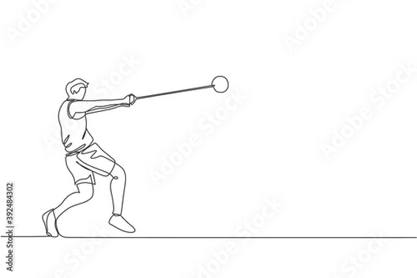 Fototapeta One continuous line drawing of young sporty man exercise to focus before throw hammer on the field. Athletic games. Olympic sport concept. Dynamic single line draw design graphic vector illustration