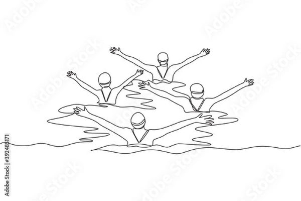 Fototapeta One single line drawing of young beauty women swimmer performing synchronized routine of elaborate moves in the water vector illustration. Team water sport event concept. Modern continuous line draw