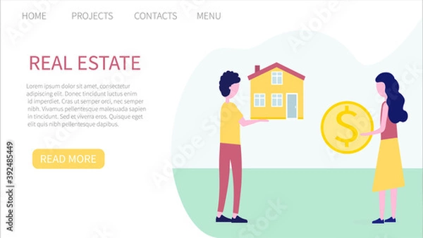 Obraz House for sale. Real estate business concept with houses. The house and signboard with the information. Landing page website template. Vector illustration for web and graphic design.