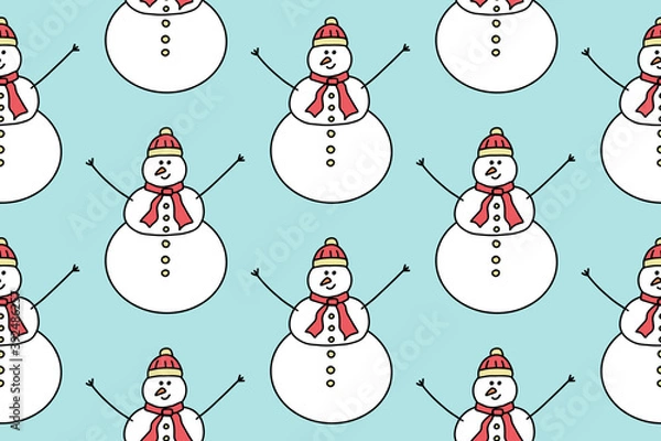 Obraz Hand drawn lines cartoon Snowman. Christmas and new year concept. Doodle seamless pattern isolated on bluebackground. For your fabric, textile design, wrapping paper or wallpaper.
