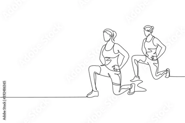Fototapeta Single continuous line drawing two of young sportive women training and stretching together in sport gymnasium club center. Fitness stretching concept. Trendy one line draw design vector illustration
