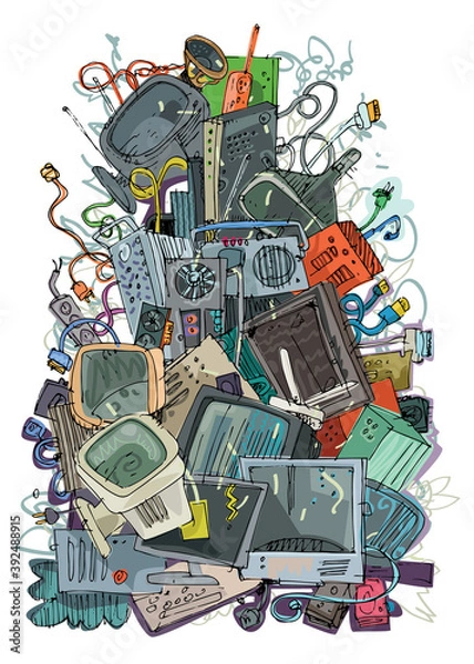 Obraz A big pile of electronic trash. Old and obsolete component and hardware pollute environment. Handmade sketch. Caricature.