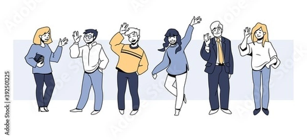 Fototapeta People greetings. Happy cartoon men and women cheerfully waving hands and smiling, diverse people in casual clothes. Cute students or workers, human communication and relationship. Vector teamwork set