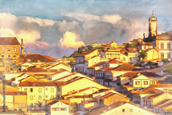 Fototapeta Cityscape of old town colorful painting, Ouro Preto, Minas Gerais state, Brazil.