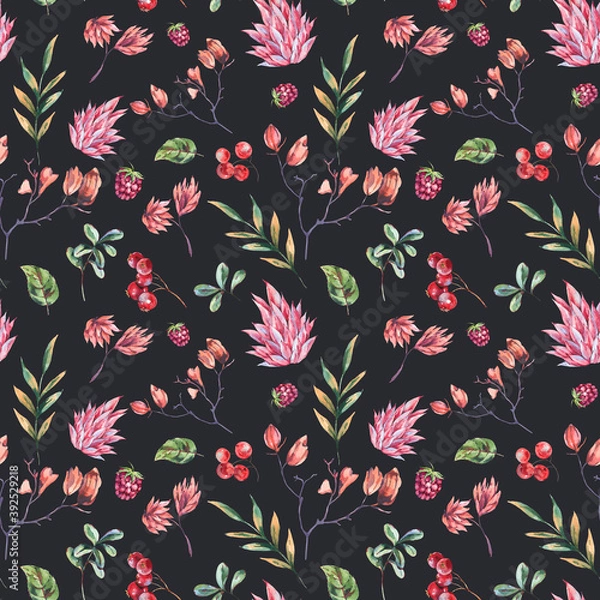 Fototapeta Watercolor winter flowers seamless pattern. Pink wildflowers, berries. Vintage botanical texture of wooodland plants