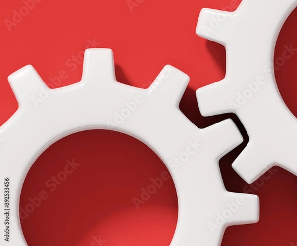Fototapeta Close up of two white connecting gear cogs isolated on red background; detail of cog teeth; flat lay, top view; 3D rendering, 3D illustration