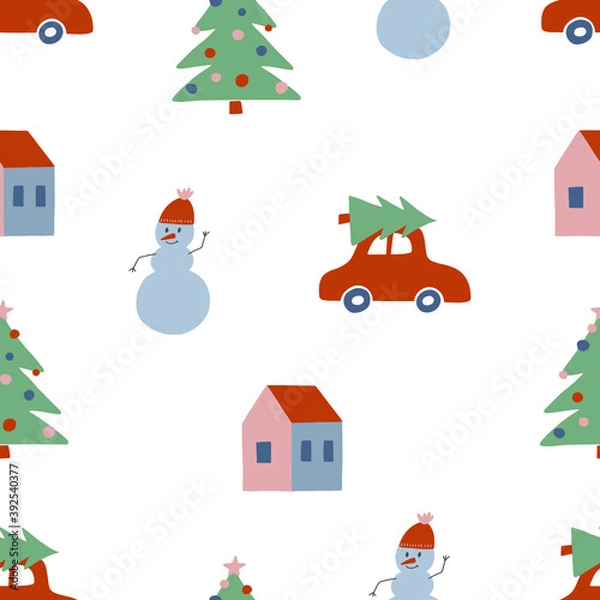 Obraz Cute Christmas winter seamless pattern with red car and Christmas tree on the roof, houses, snowman. Vector illustration