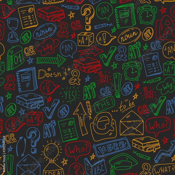 Fototapeta Doodle vector pattern. Illustration of learning English language. E-learning, online education in internet.