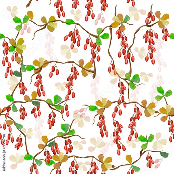 Fototapeta Seamless pattern with berries of barberry on branches with leaves on a green background, for printing on fabric, paper. Autumn berries