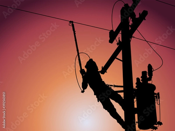 Fototapeta Silhouette of power lineman uses a clamp stick grip all type to install the line cover on energized high-voltage electric power lines. To change the lightning arresters that is damaged.