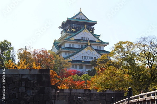 Obraz 極楽橋からみた大阪城天守閣（秋・紅葉）