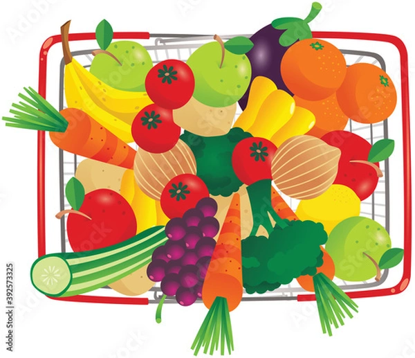 Fototapeta Overhead view basket of groceries
