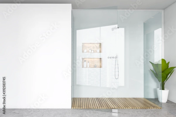 Fototapeta Mockup copy space and transparent shower cabin in white open space bathroom