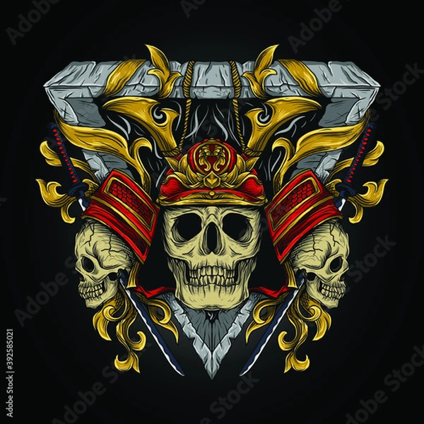 Obraz artwork illustration and t-shirt design samurai skull engraving ornament premium vector