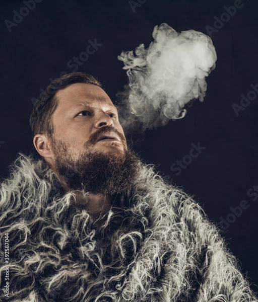 Fototapeta Solid bearded man dressed in a fur mantle exhaling vapour
