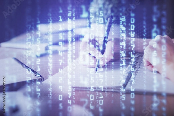 Obraz Double exposure of hands making notes background with technology and digital coding huds. Data learning concept.