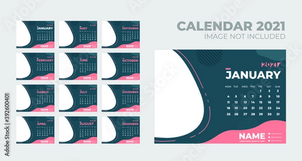 Fototapeta Calendar 2021, Set Desk Calendar template design with Place for Photo and Company Logo. Week Starts on Monday. Set of 12 Months.
