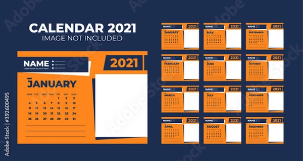 Fototapeta Calendar 2021, Set Desk Calendar template design with Place for Photo and Company Logo. Week Starts on Monday. Set of 12 Months.