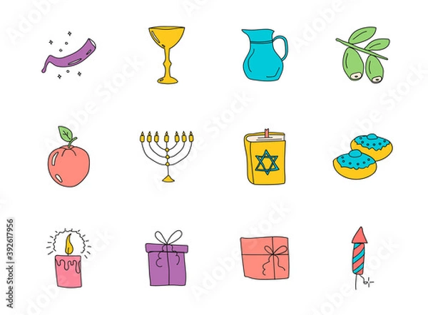 Fototapeta hanukkah doodles isolated on white. hanukkah icon set for web design, user interface, mobile apps and print