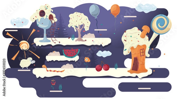 Fototapeta home cooking cakes in a glade of icing among trees flowers flat vector illustration for design design