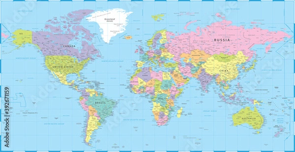 Fototapeta World Map Vintage Political - Vector Detailed Illustration - Layers