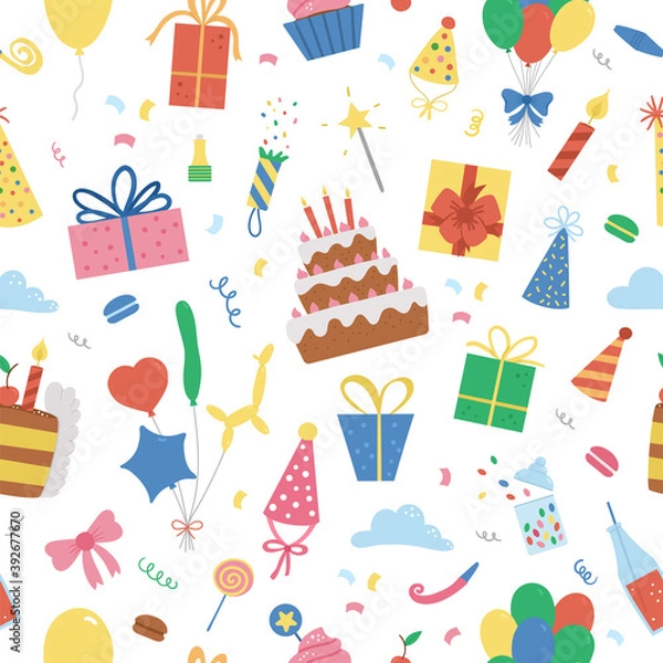 Fototapeta Vector seamless pattern with cute happy Birthday design elements. Party celebration repeating background. Vector holiday digital paper with bright presents, cake with candles, balloons, flags. .