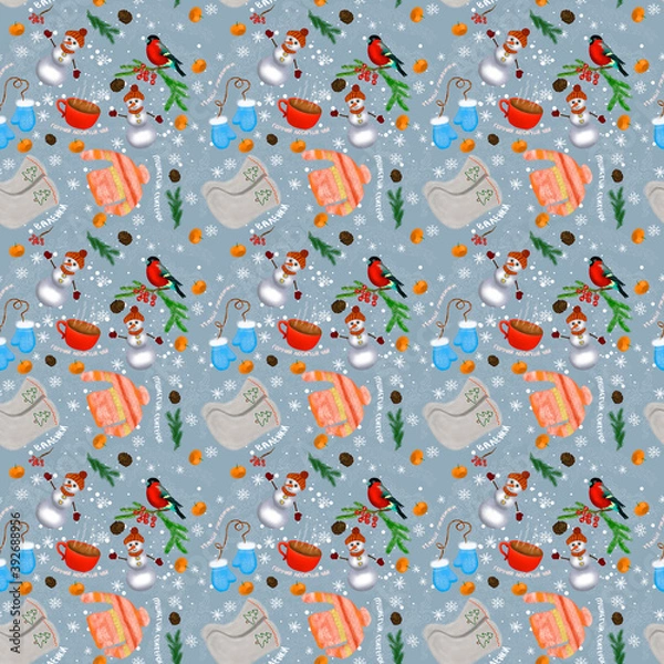 Fototapeta Symbols of a cozy winter and new year, a seamless pattern with bullfinches, snowman, tangerine, snowflakes, cones, spruce, tea, felt boots, mittens