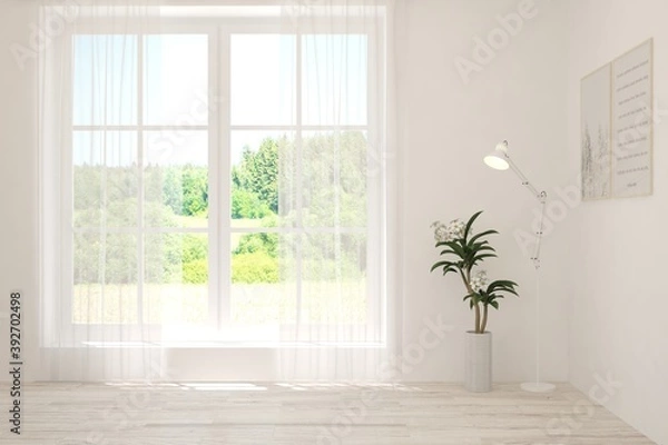 Obraz White empty room with summer landscape in window. Scandinavian interior design. 3D illustration