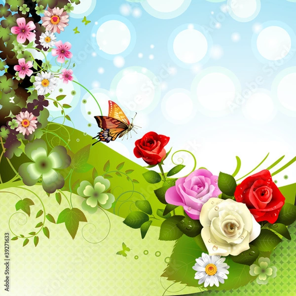 Fototapeta Background with roses and butterflies