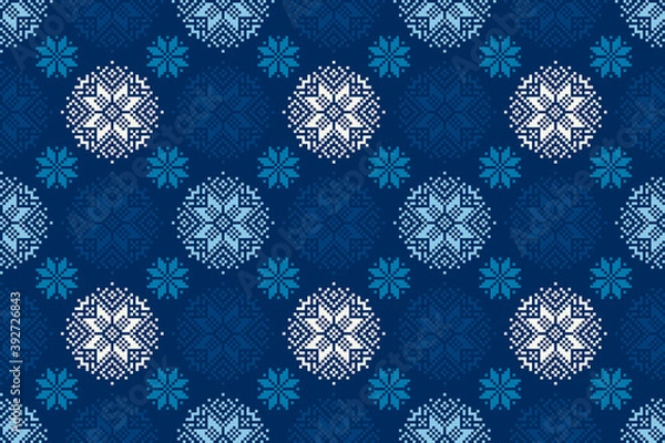 Fototapeta Winter Holiday Pixel Pattern. Seamless Snowflakes Ornament. Scheme for Knitted Sweater Pattern Design.