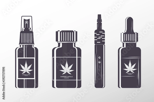 Fototapeta Forms of medical cannabis, marijuana set - pills, oil tincture, spray, patches and vaporizer, flat style vector illustration isolated on white background. Forms of medical cannabis
