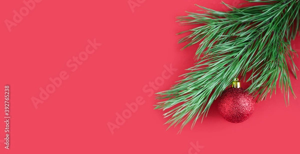 Fototapeta Banner pine branch decorated with a shiny red ball on a red background. Christmas or New Year concept. Minimalism