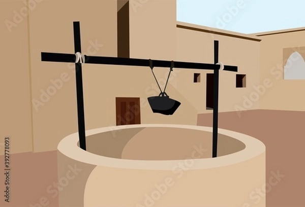 Obraz Vector of a traditional well at the back of a house