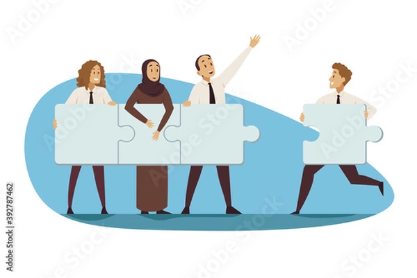 Fototapeta Partnership, teamwork, business concept. Young group of multiethnic businessmen women managers partners cooperate collaborate connecting jugsaw puzzles together. Team building coworking illustration.