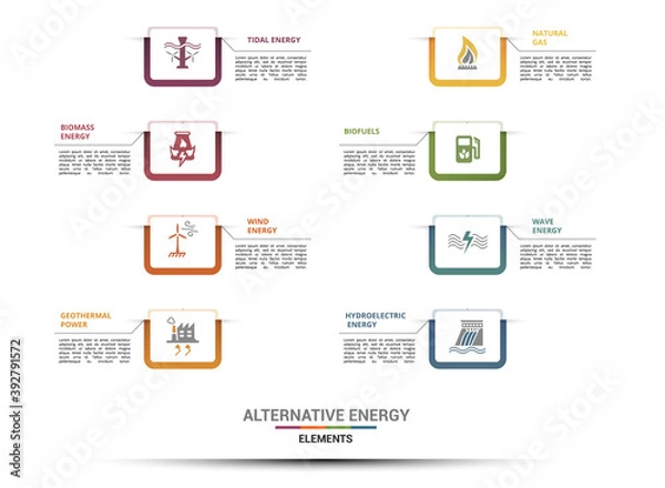 Fototapeta Infographic Alternative Energy template. Icons in different colors. Include Tidal Energy, Biomass Energy, Wind Energy, Geothermal Power and others.