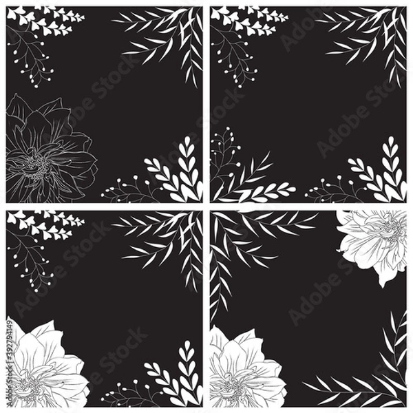 Fototapeta Greeting card set with black background, Beautiful greeting card set with flowers, Invitation card set with leaves