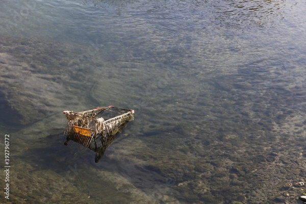 Obraz A moody shot of a rusty shopping trolley abandoned on a river, symbolizing economic recession and consumer spending crisis