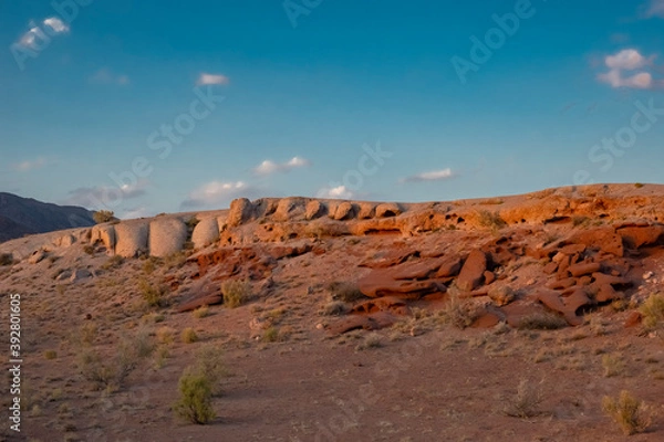 Fototapeta Katutau mountains volcanic rock formations in Altyn-Emel national park in Kazakhstan. Rock formations with interesting shapes. Frozen lava stones.