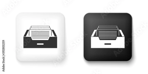 Fototapeta Black and white Drawer with documents icon isolated on white background. Archive papers drawer. File Cabinet Drawer. Office furniture. Square button. Vector.