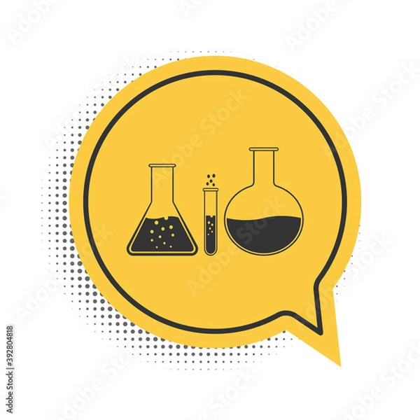 Fototapeta Black Test tube and flask - chemical laboratory test icon isolated on white background. Laboratory glassware sign. Yellow speech bubble symbol. Vector.