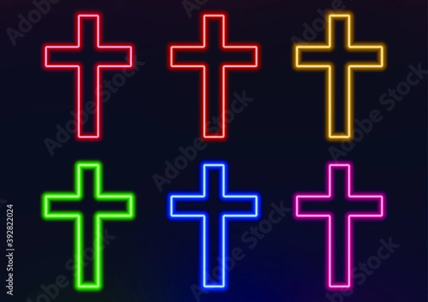 Fototapeta Neon frame. Set of neon crosses in different colors. Laser glowing lines on a black background.