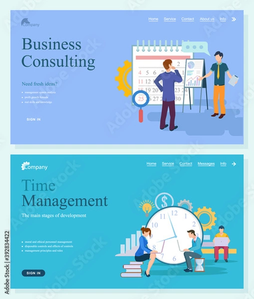 Obraz Business consulting of fresh ideas, system analysis, profit growth and knowledge. Time management, main stages of development, principles and rules vector. Website template, landing page flat style